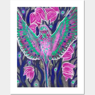 Colorful violet budgie bird in flowers Posters and Art